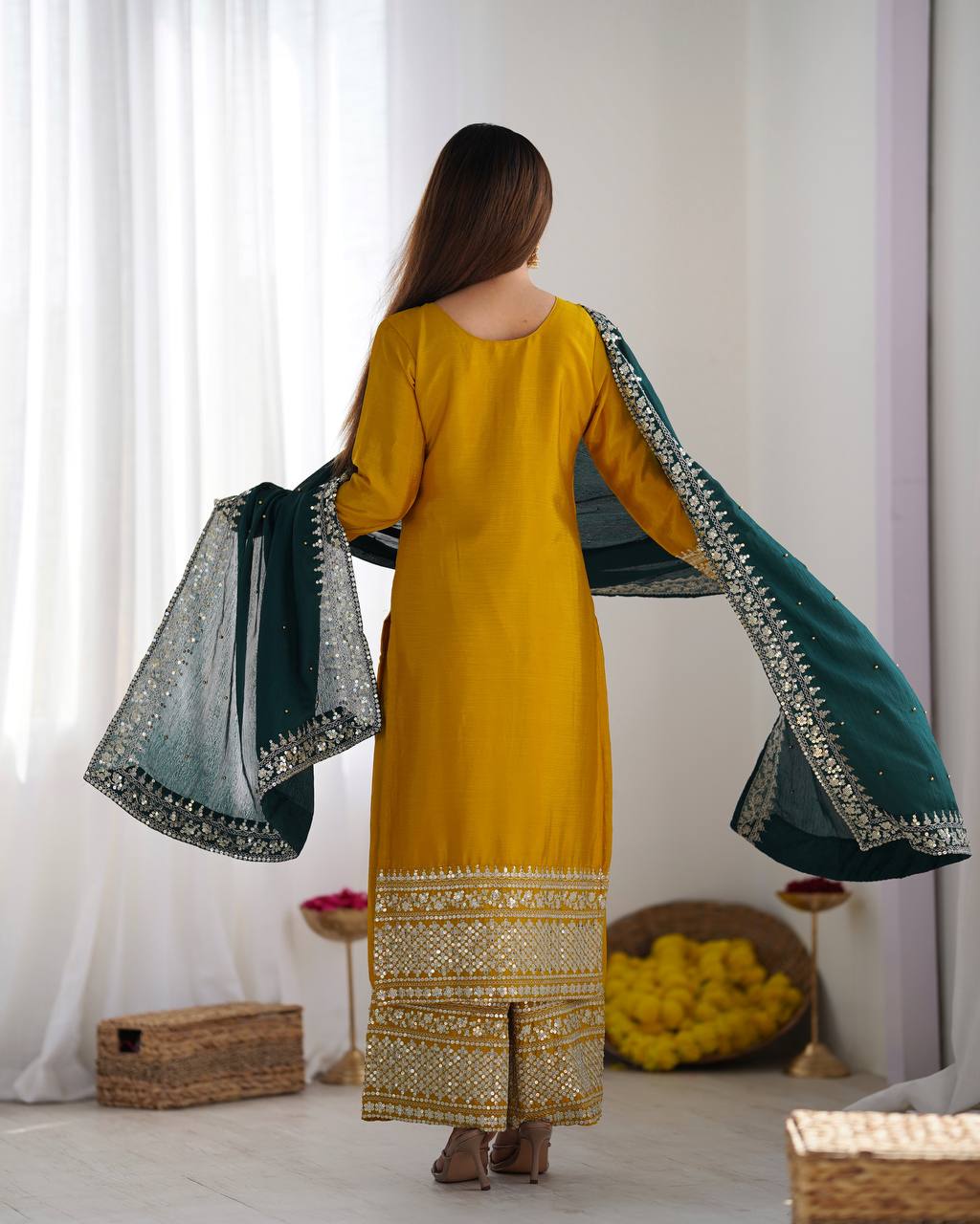 Chinnon Silk Heavy Embroidered Yellow Suit Set with Dupatta – Fully Stitched Ready to Wear