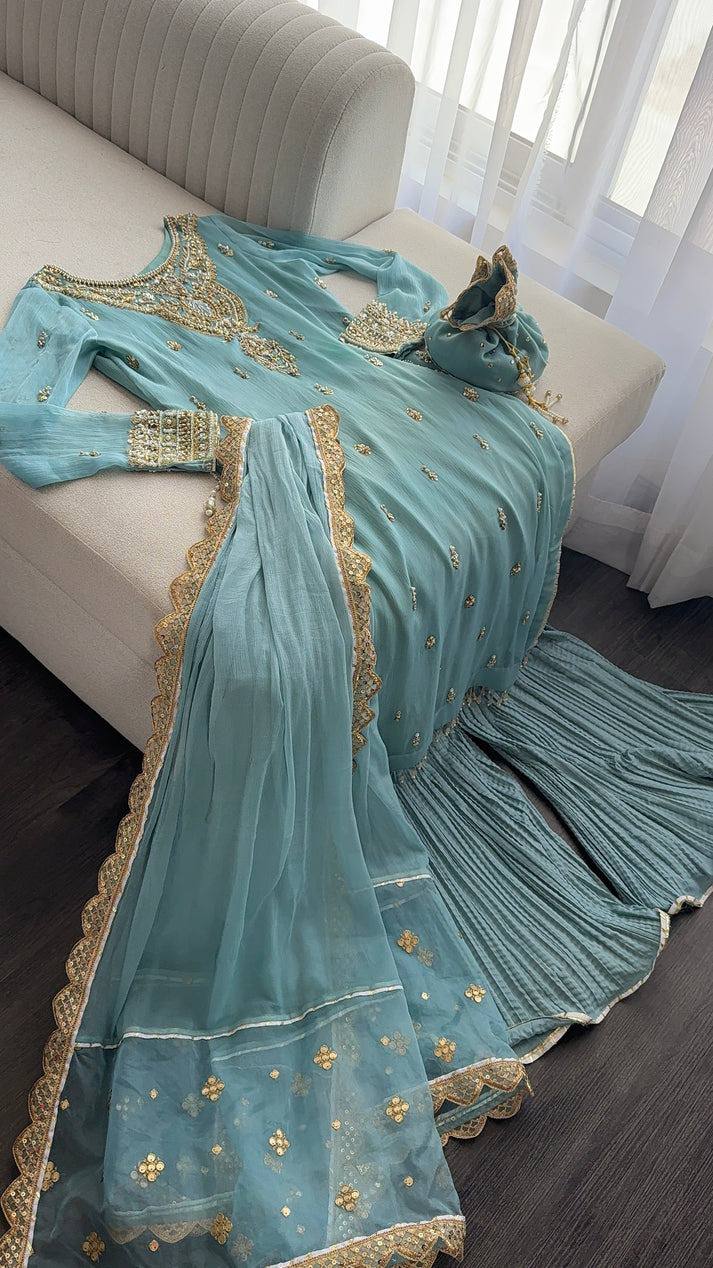 Heavy Faux Georgette Embroidered Suit Set with Plazzo and Dupatta – Fully Stitched Festive Wear for Women