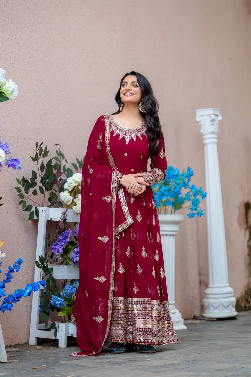 Faux Georgette Embroidered Lavender Gown Set with Dupatta – Fully Stitched Designer Ethnic Wear for Women