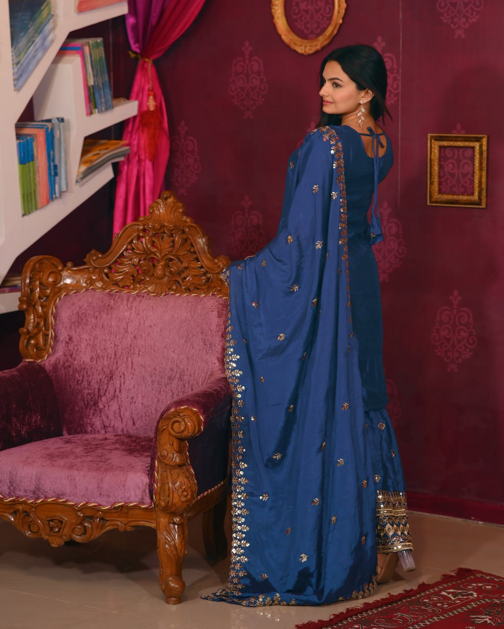 Chinon Embroidered Blue Sharara Suit Set with Dupatta – Fully Stitched Ethnic Wear for Women