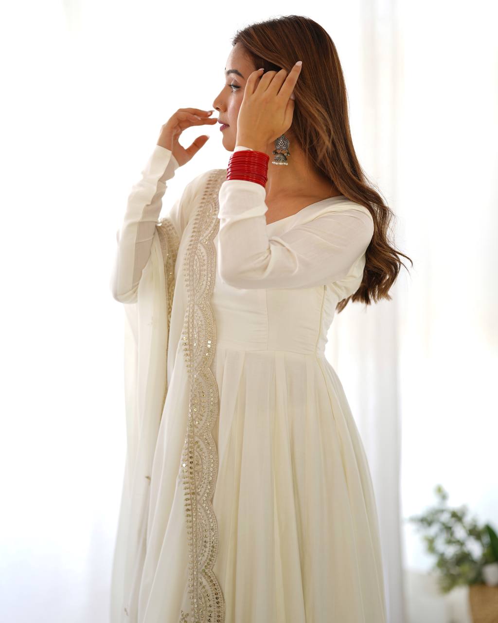 Elegant 16 Kali Romansilk Chanderi White Anarkali Set with Embroidery Dupatta