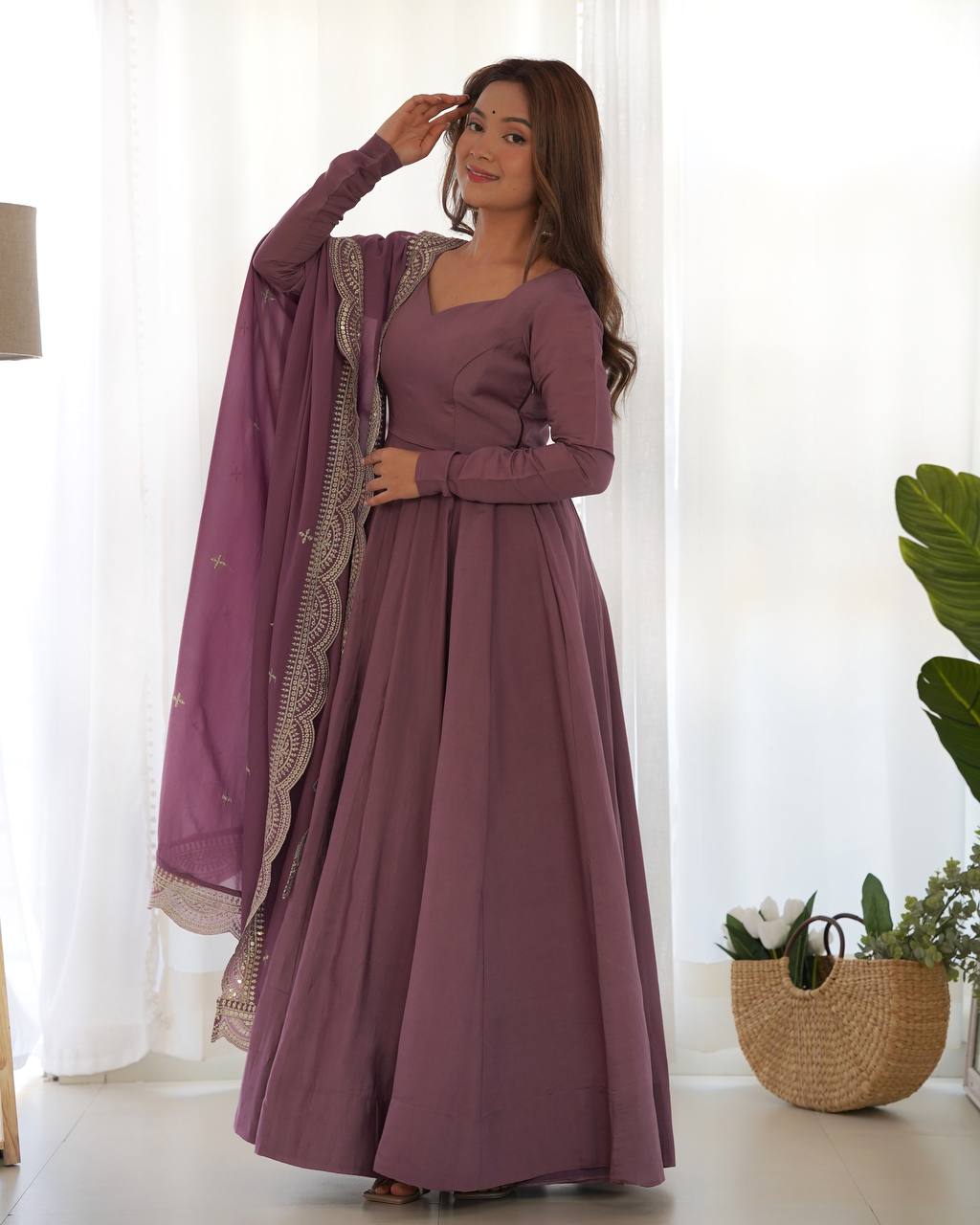 Elegant 16 Kali Romansilk Chanderi Lavender Anarkali Set with Embroidery Dupatta