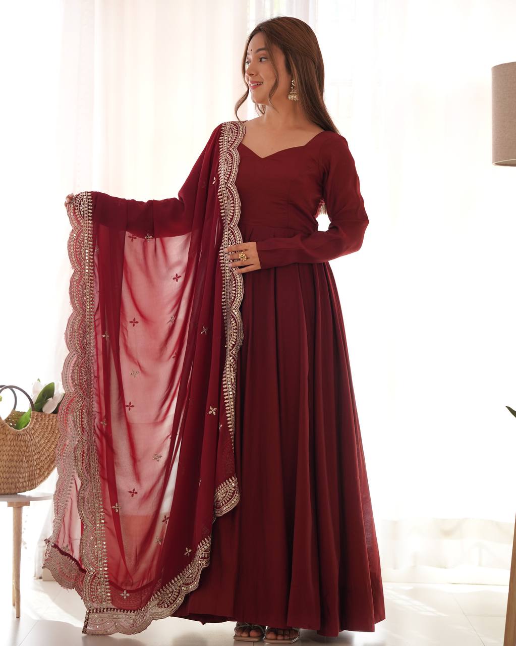 Elegant 16 Kali Romansilk Chanderi Maroon Anarkali Set with Embroidery Dupatta