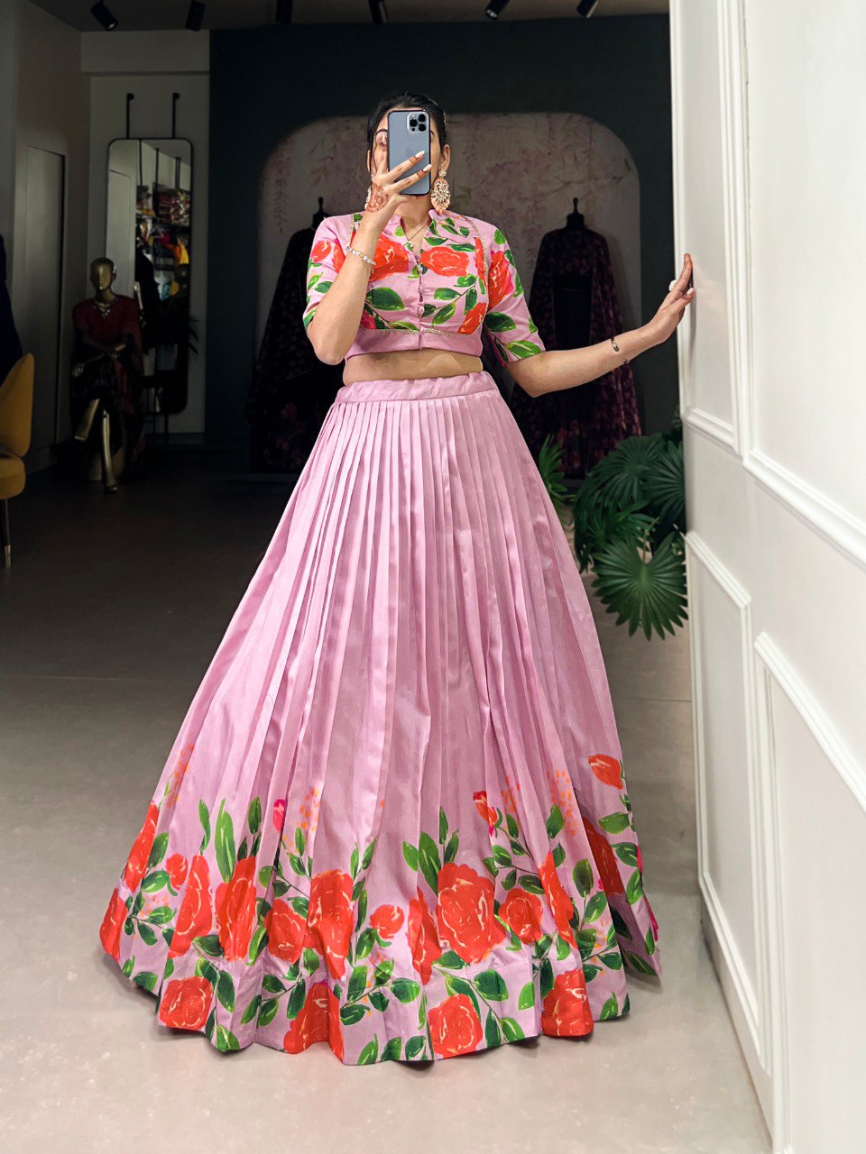 Elegant Tussar Silk Floral Print Pink Lehenga with Lace Touch Blouse