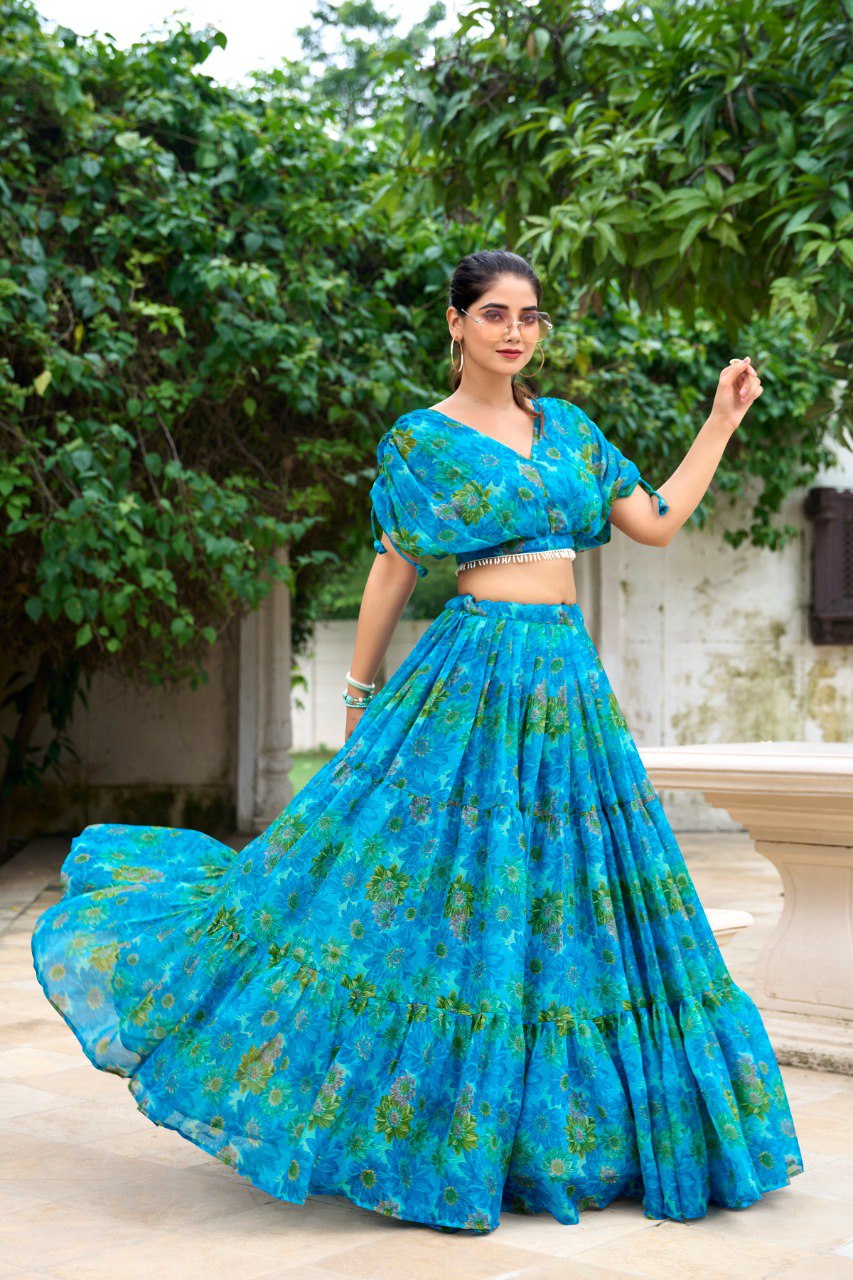 Elegant Floral Print Chiffon Sky Blue Lehenga Set for Women