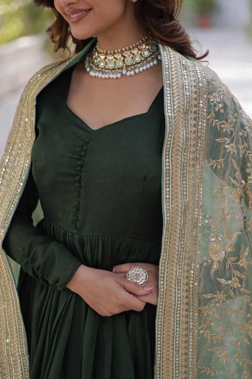Elegant Shimmer Vichitra Silk Gown with Sequins Embroidery and Fendi Dupatta Set