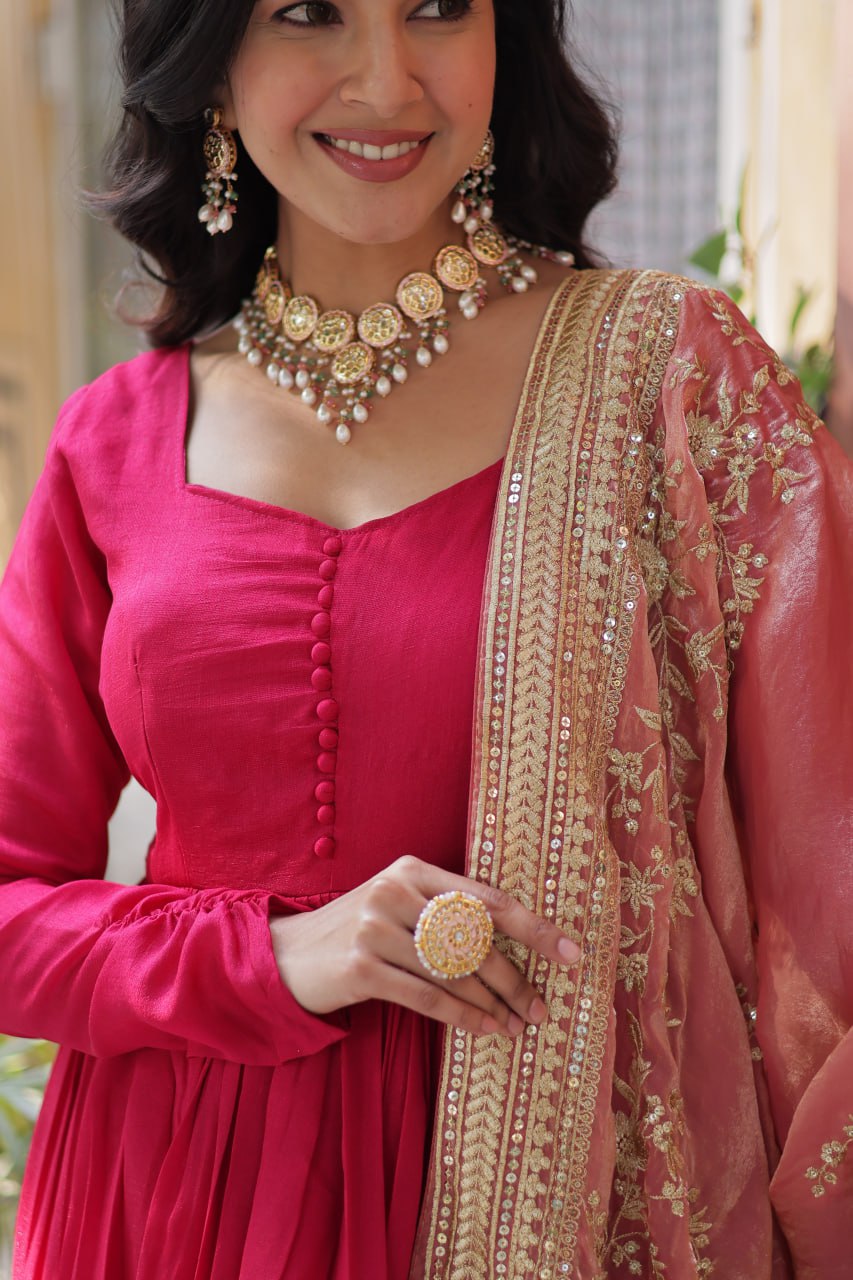 Elegant Shimmer Vichitra Silk Pink Gown with Sequins Embroidery and Fendi Dupatta Set