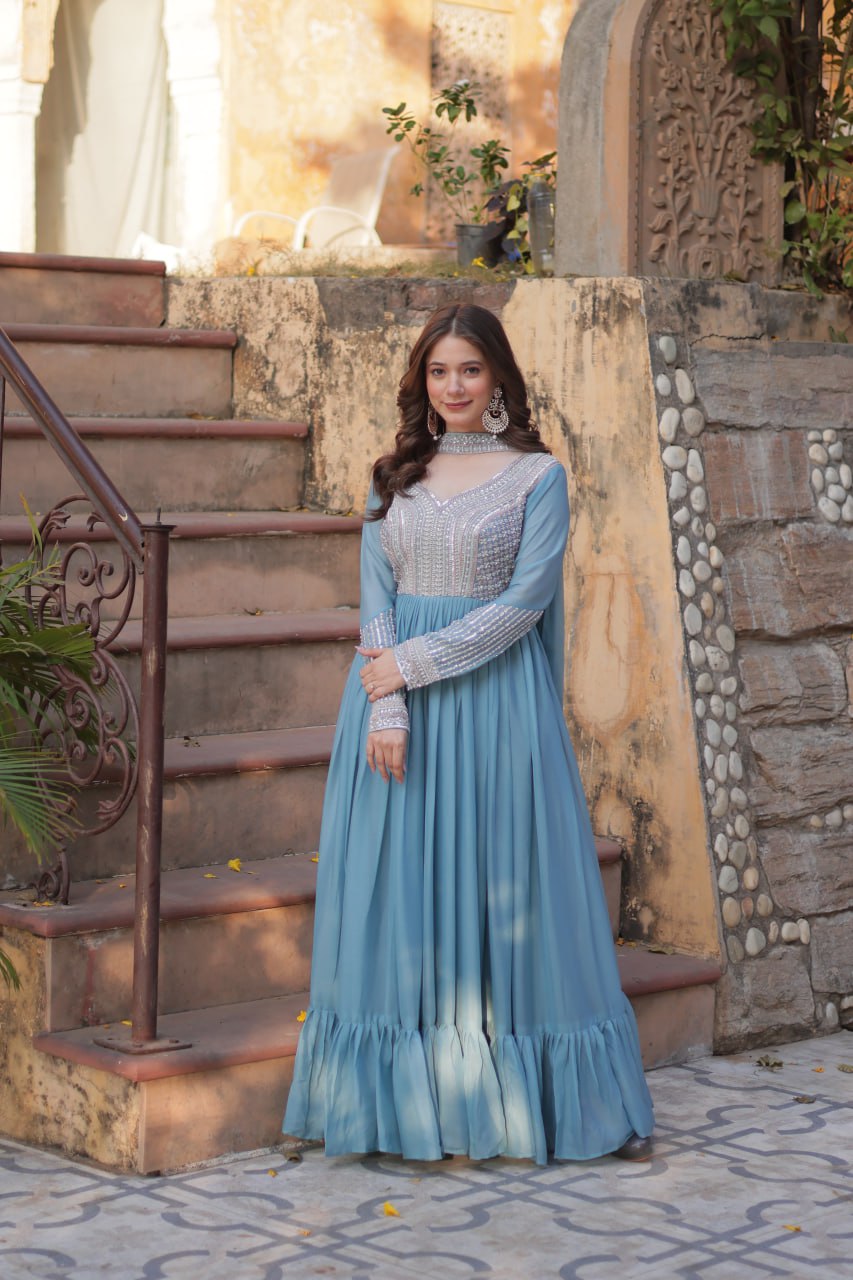 Star Georgette Embroidered Beads Sequins Work Blue Gown with Dupatta Set
