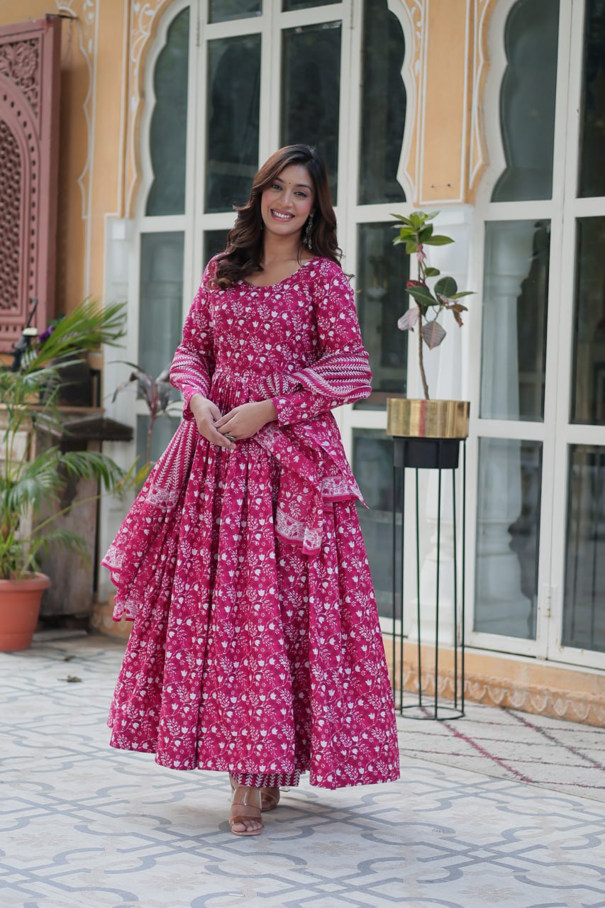 Pure Rani Pink Cotton Long Kurta Set with Elastic Bottom and Dupatta