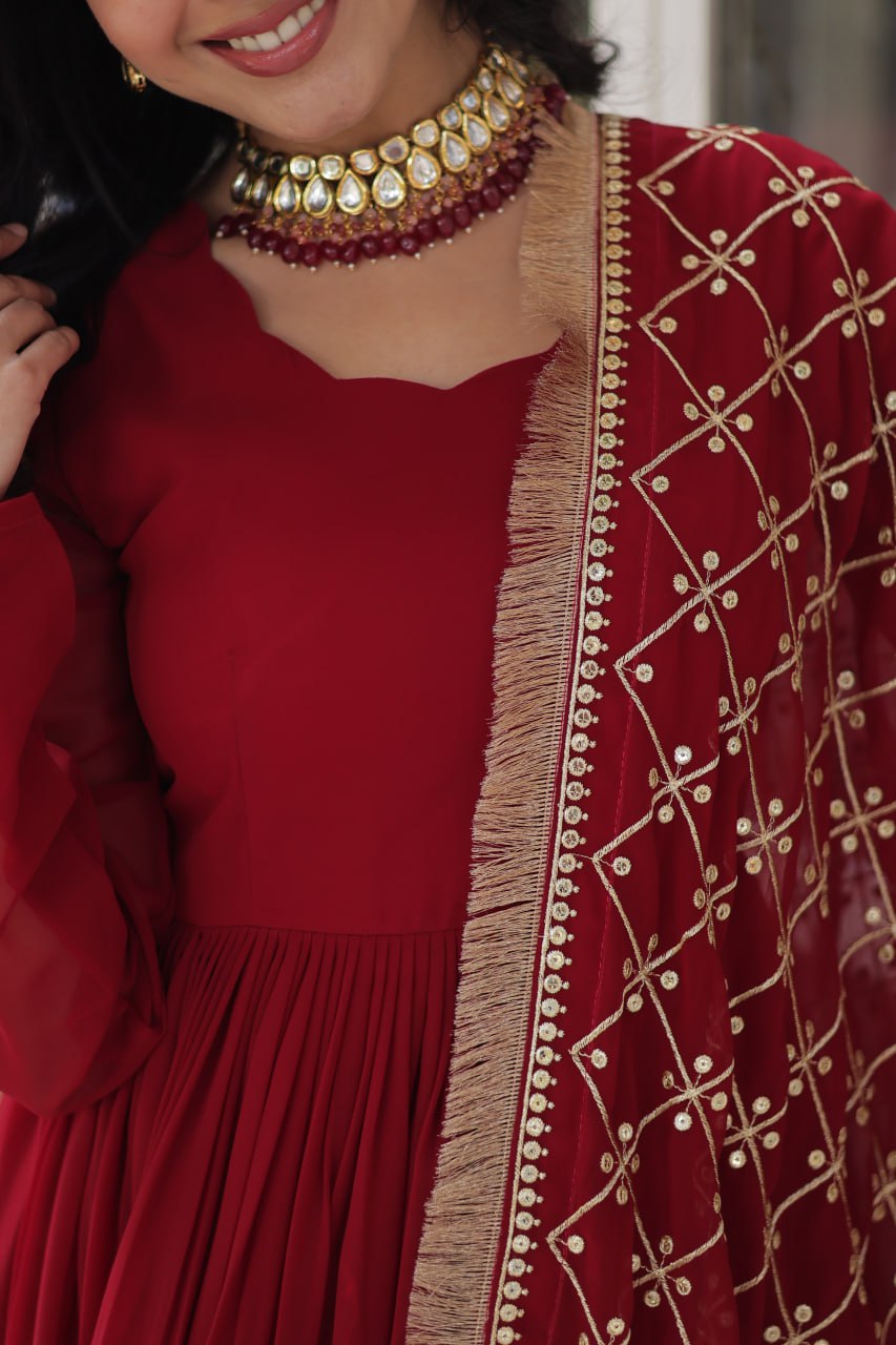 Faux Blooming Maroon Gown with Zari Sequins Embroidery and Designer Dupatta