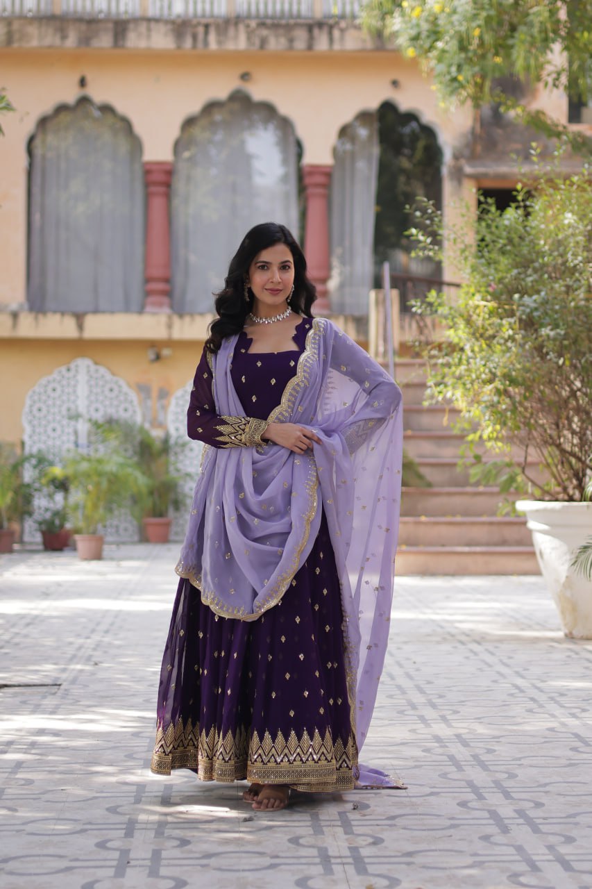 Luxury Faux Blooming Embroidered Zari Sequins Gown with Tabby Silk Cutwork Dupatta