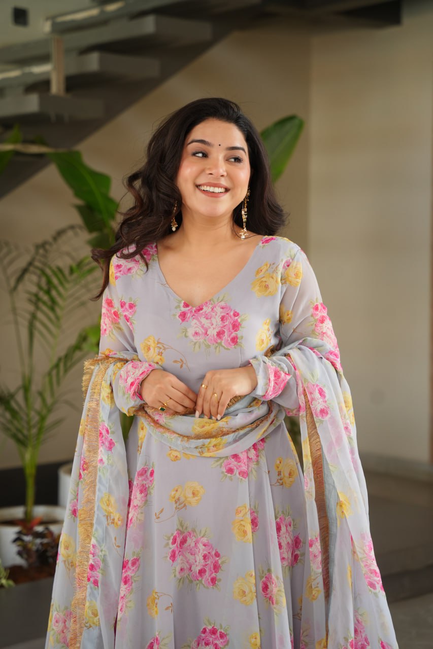 Elegant Faux Georgette Floral Digital Print Gown with Dupatta Set