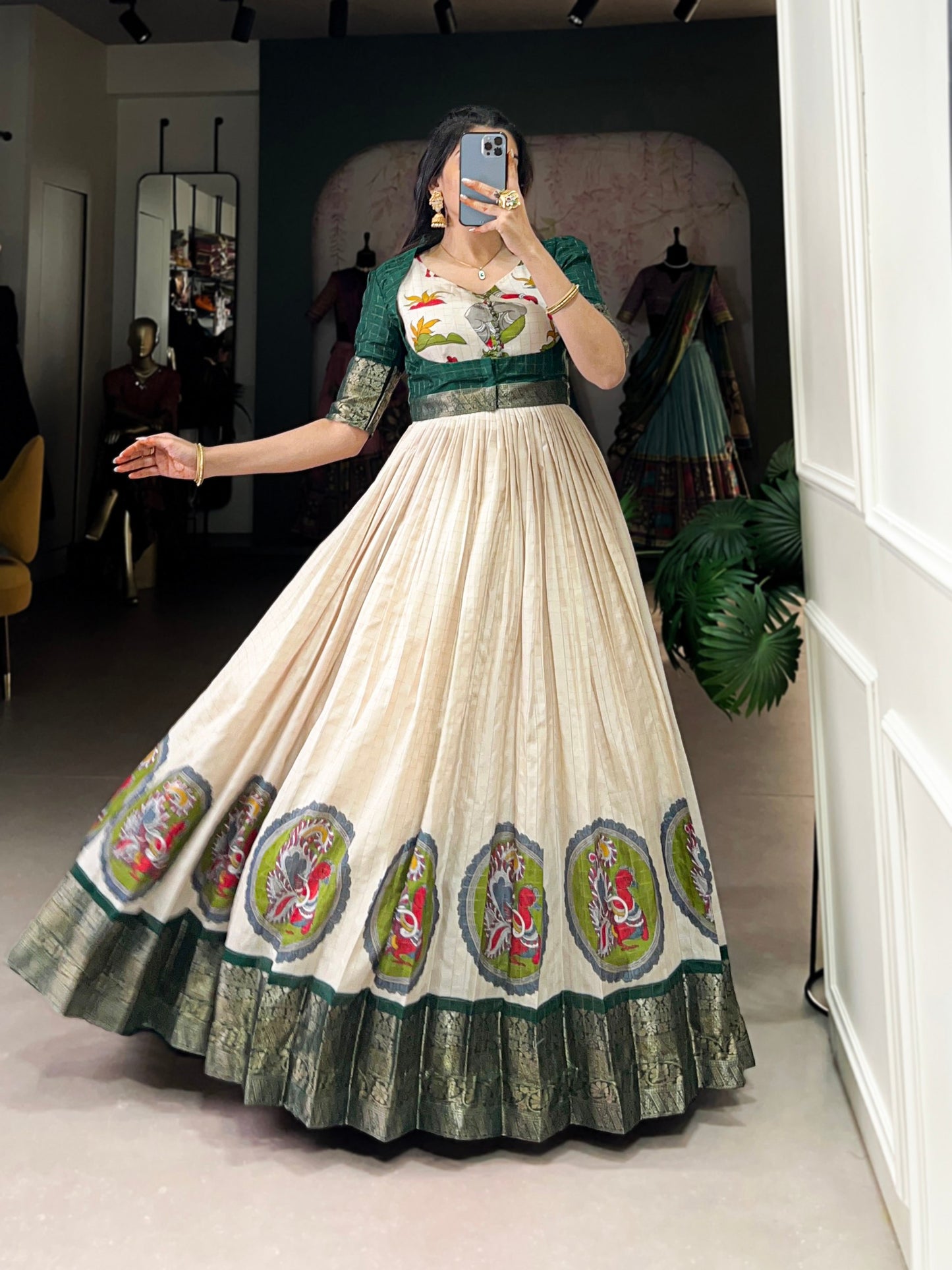 Elegant Dola Silk Kalamkari Print Green Gown with Zari Weaving Koti | Ethnic Wear for Women
