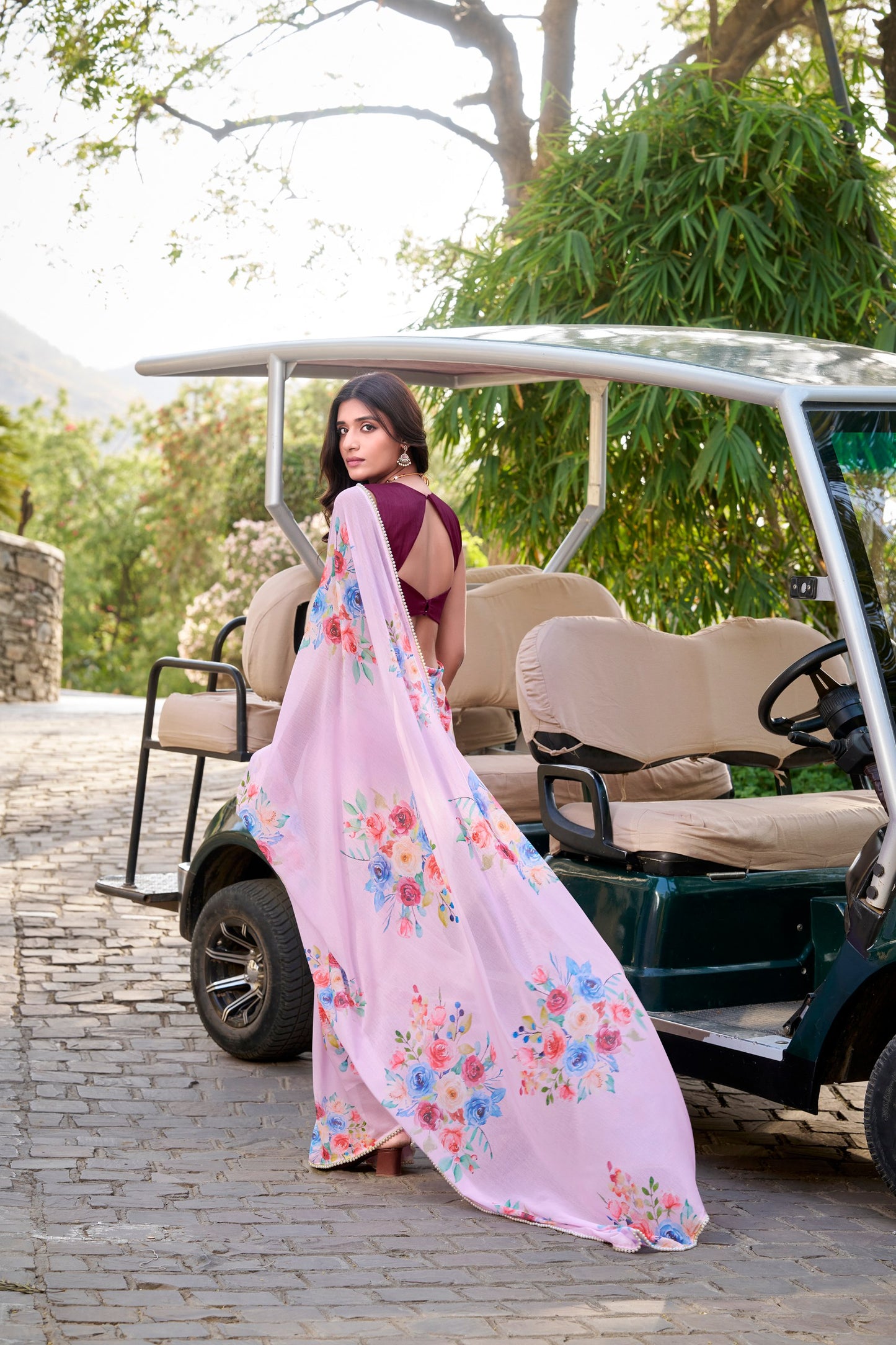 Weightless Marbal Floral Printed Light Pink Saree with Pearl Lace Border