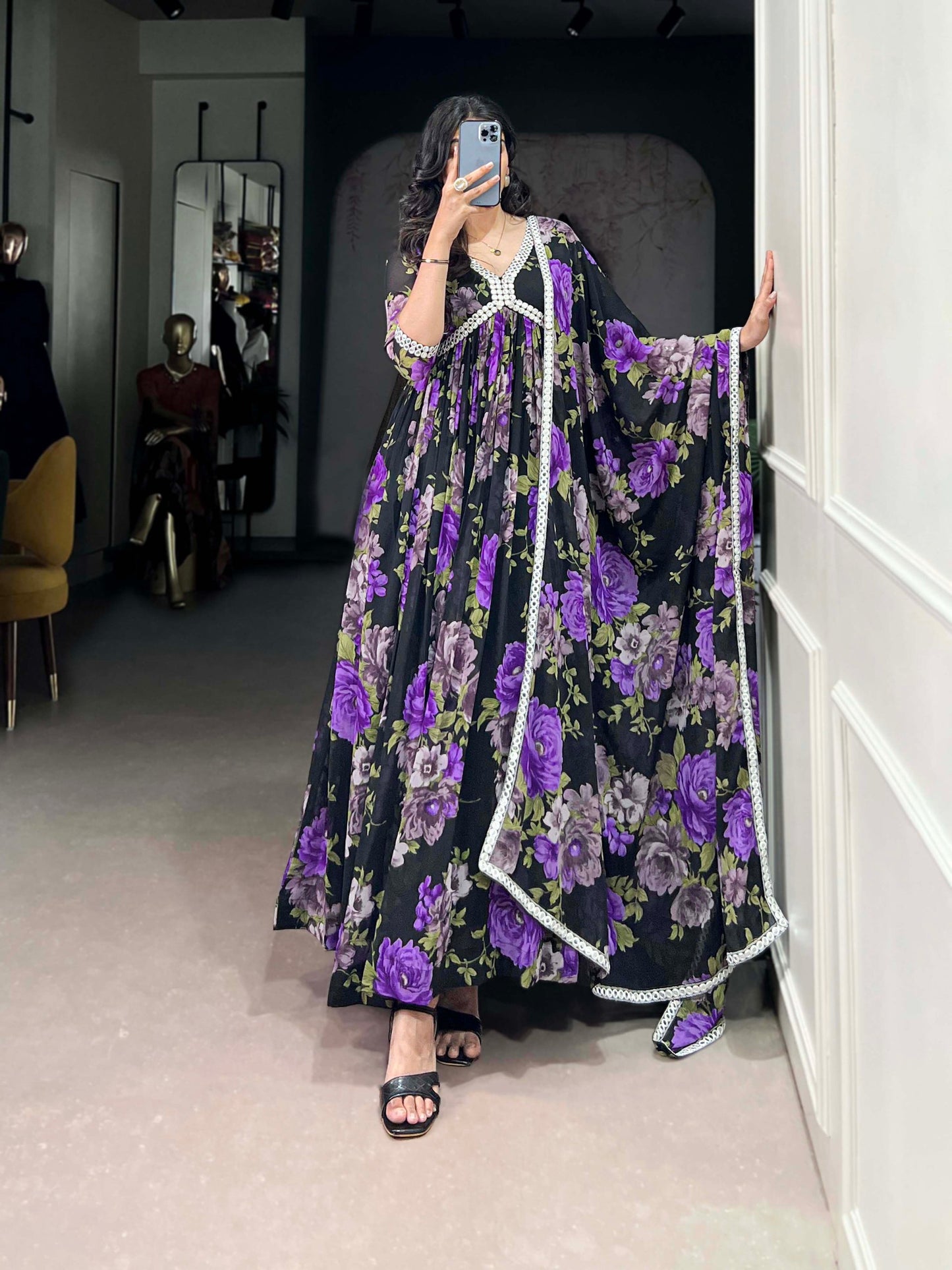 Floral Printed Georgette Purple Gown with Peper Mirror Lace Touch-Up and Dupatta
