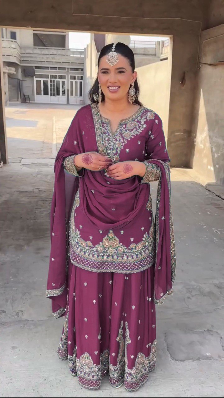 PInk Chinon Silk Thread Work Suit with Sequins and Lace Border Dupatta