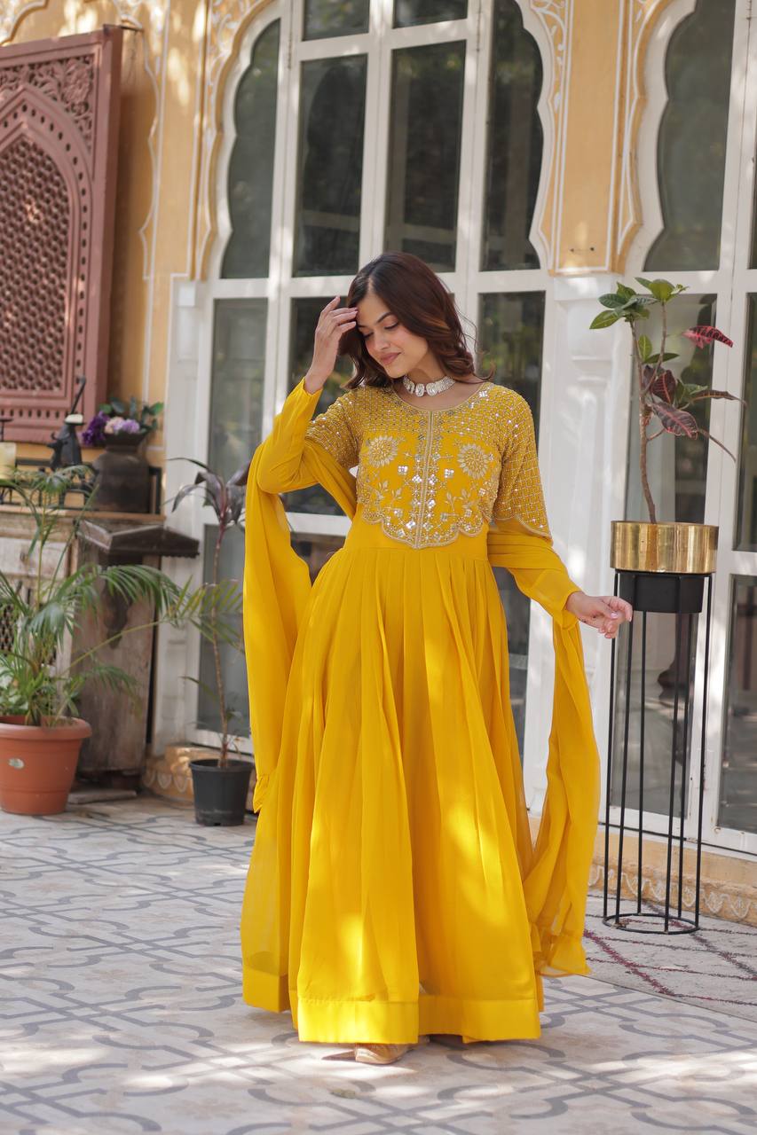 Yellow Embroidered Faux Blooming Georgette Gown with Dupatta