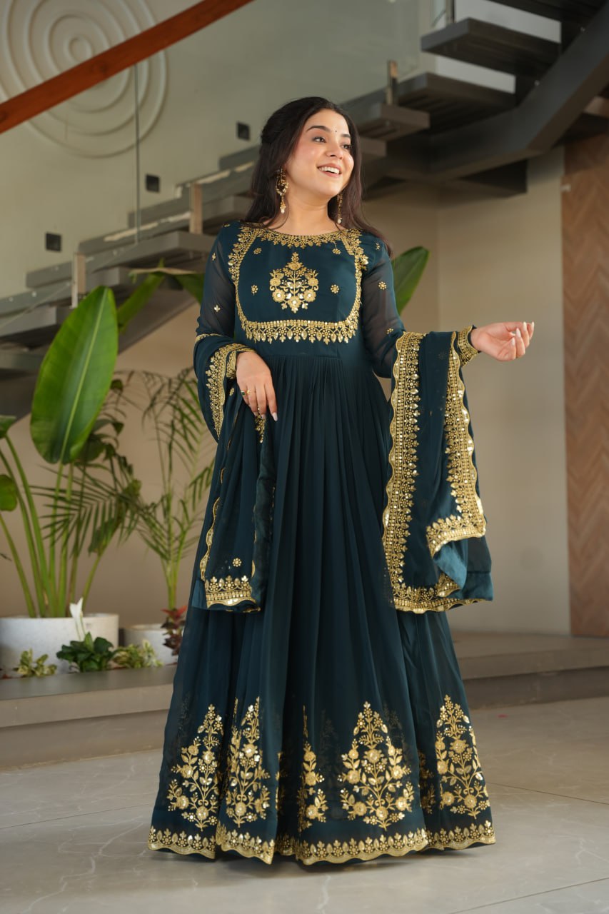 Bottle Green Faux Blooming Georgette Embroidered Gown with Dupatta