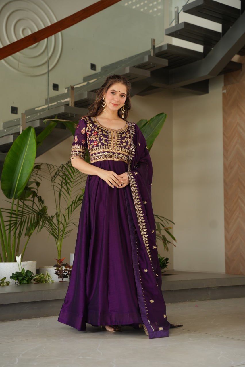 Vichitra Silk Sequins & Zari Embroidered Purple Gown with Dupatta