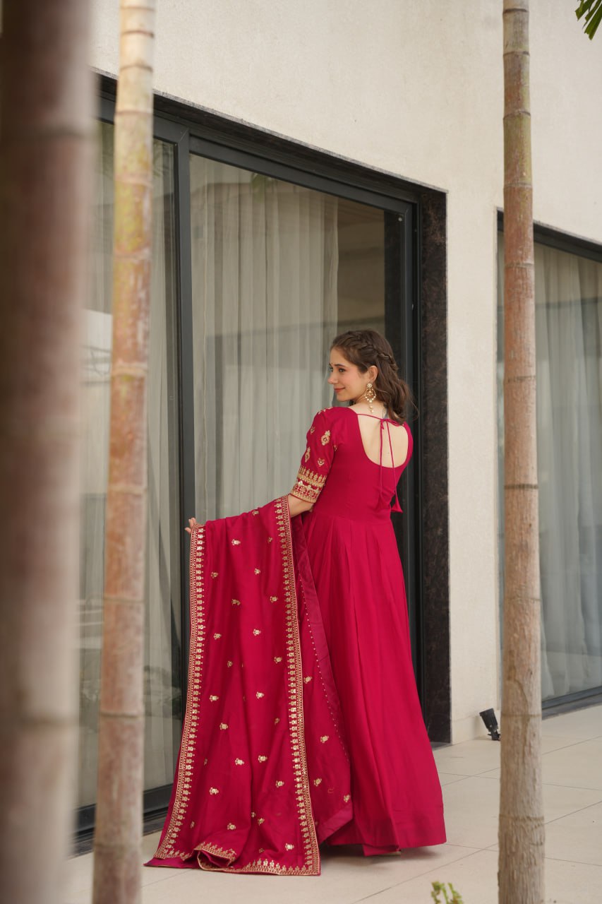 Vichitra Silk Sequins & Zari Embroidered Pink Gown with Dupatta