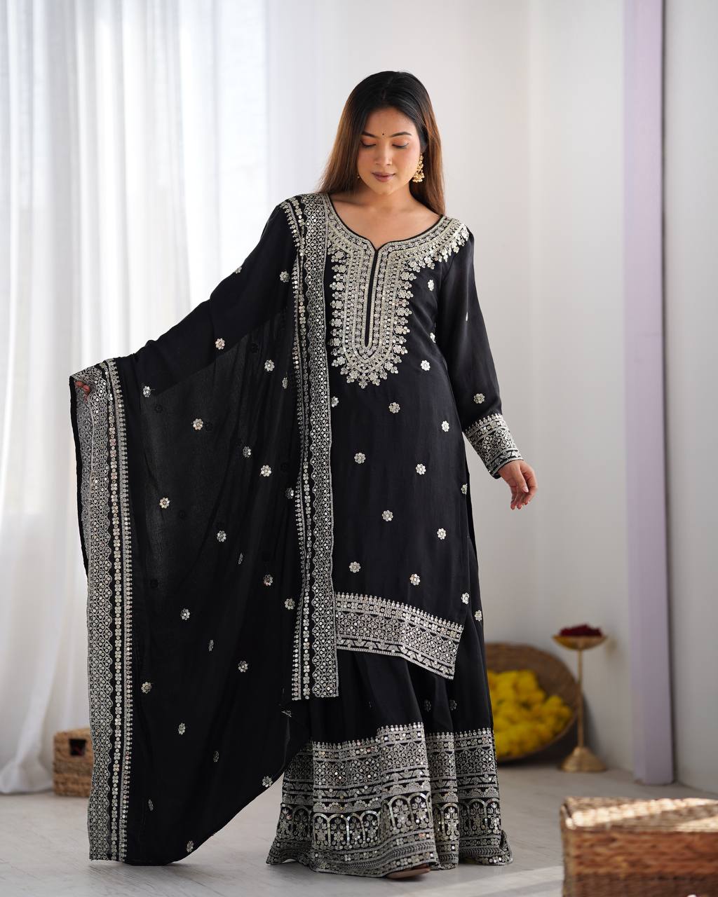 Pure Chinnon Silk Embroidered Sharara Set with Dupatta – Fully Stitched Party Wear