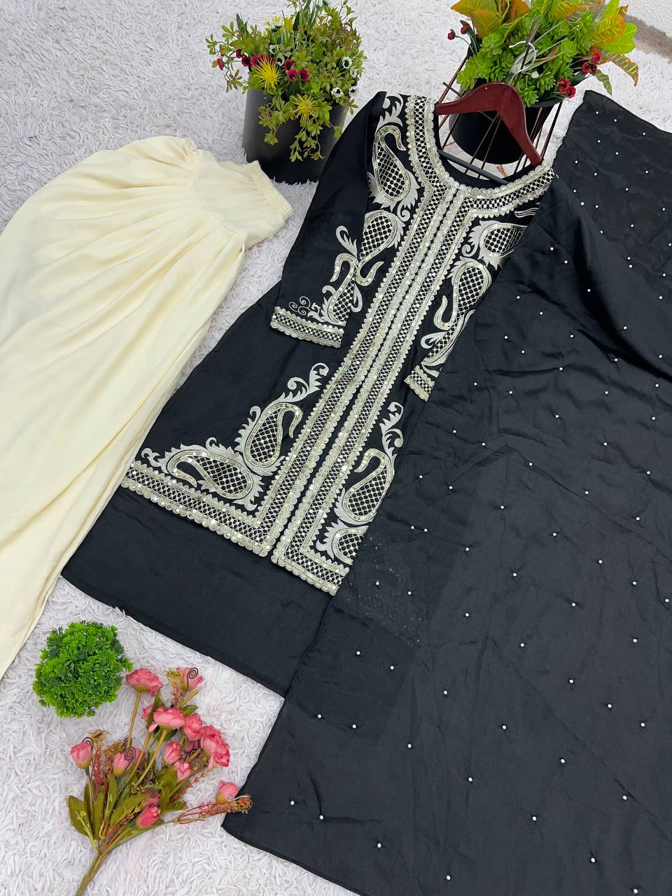 Heavy Black Chinon Silk Embroidered Dhoti Style Suit with Rivet Moti Dupatta – Fully Stitched