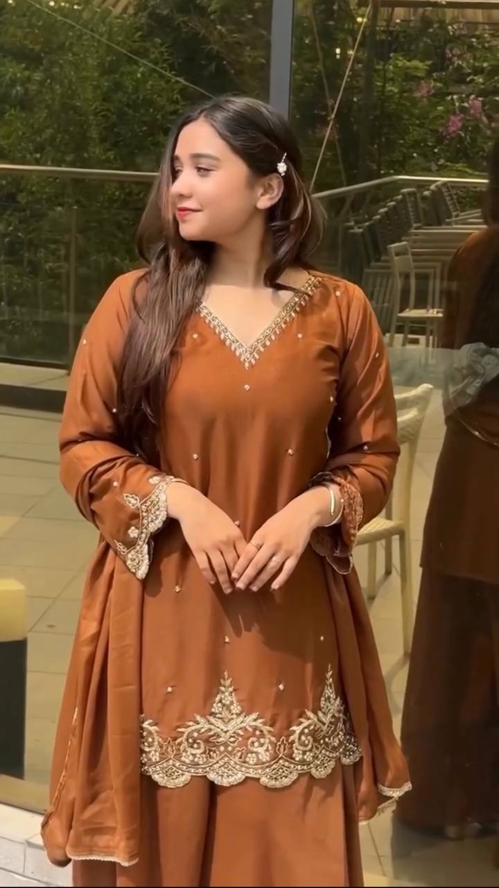 Faux Georgette Sharara Suit with Moti & Sequence Work – Fully Stitched Set