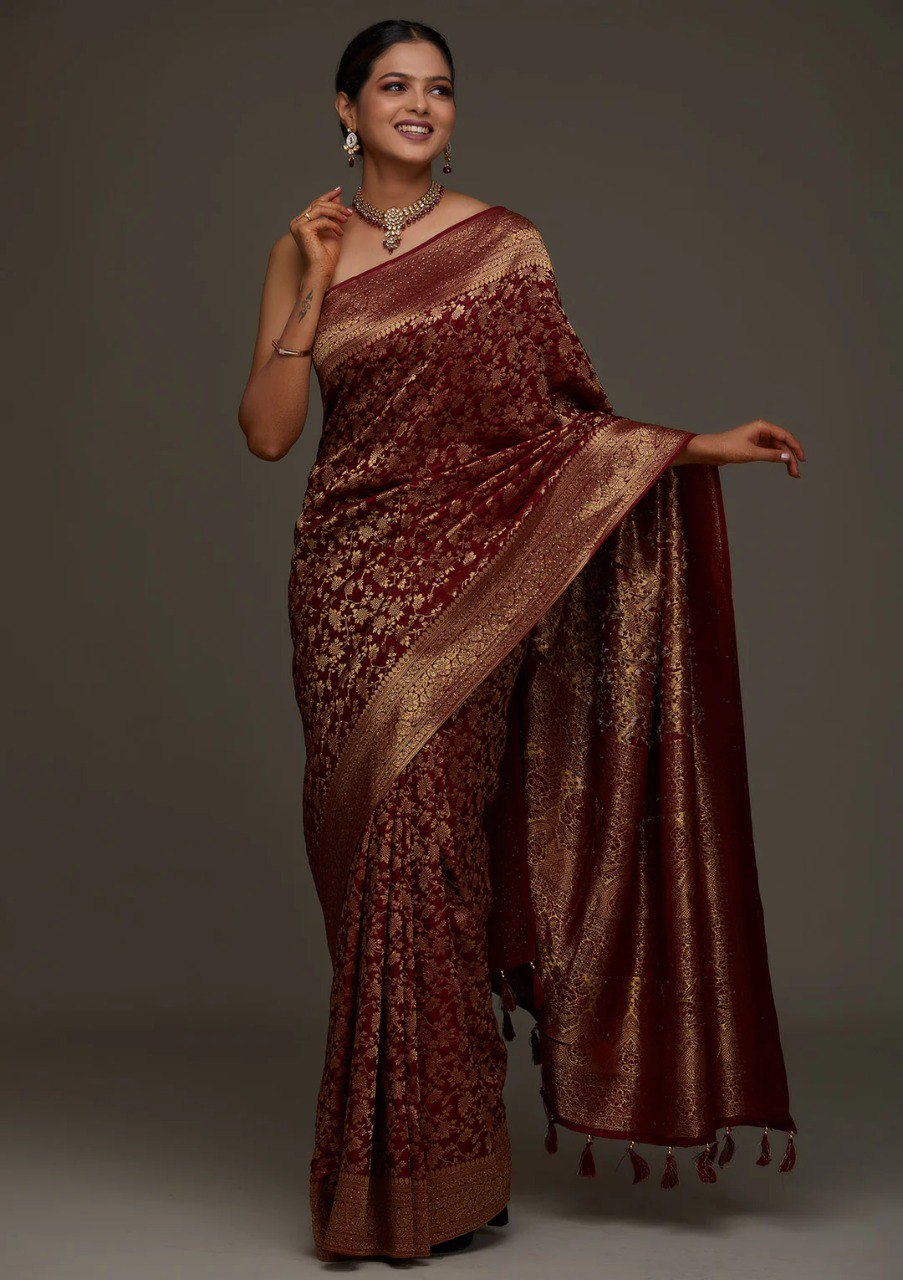 Banarasi Maroon Soft Silk Saree with Jacquard Border Blouse