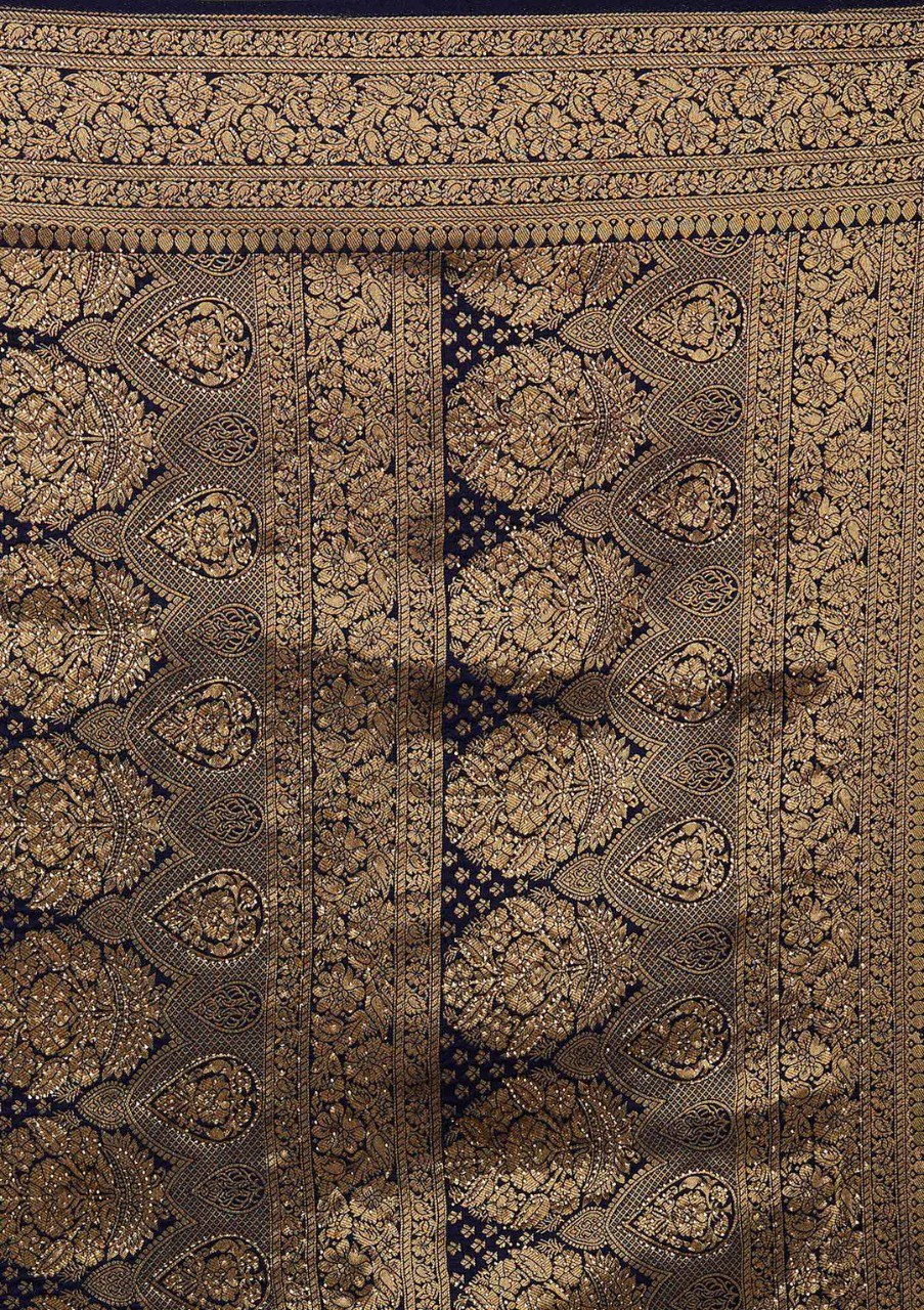 Banarasi Navy Blue Soft Silk Saree with Jacquard Border Blouse