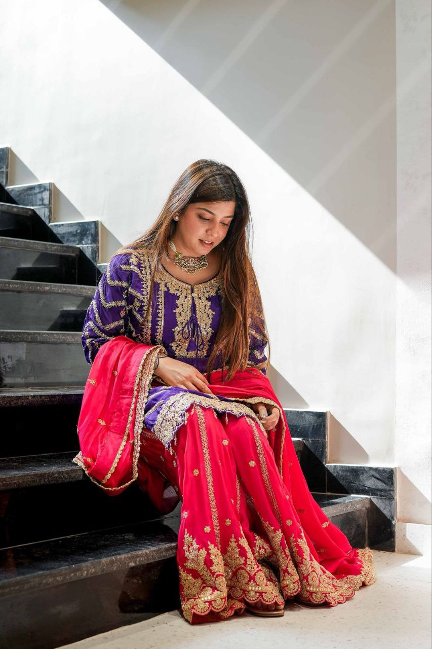 Heavy Purple Chinon Silk Sharara Suit with Embroidery and Printed Dupatta