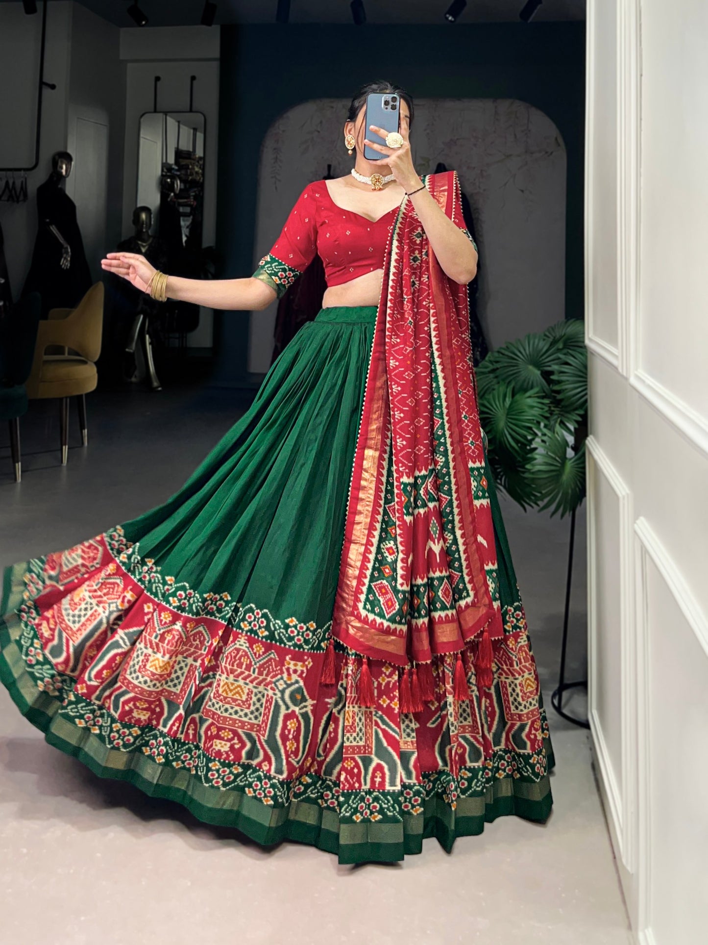 Patola Printed Green Tussar Silk Lehenga Set with Gotta Patti Dupatta