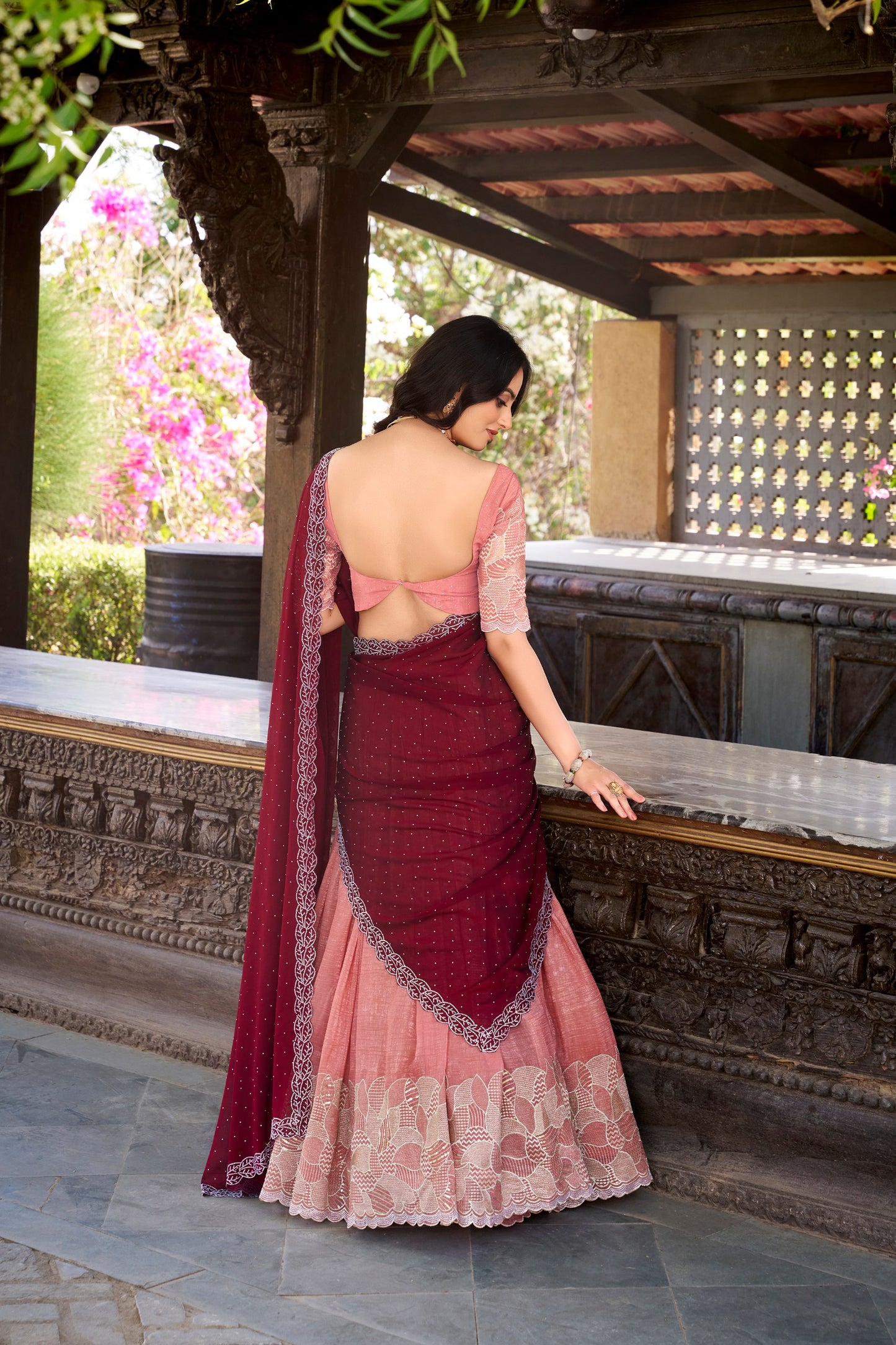 Silver Glosy Embroidered Peach Lehenga Set with Hotfix Rangoli Silk Dupatta