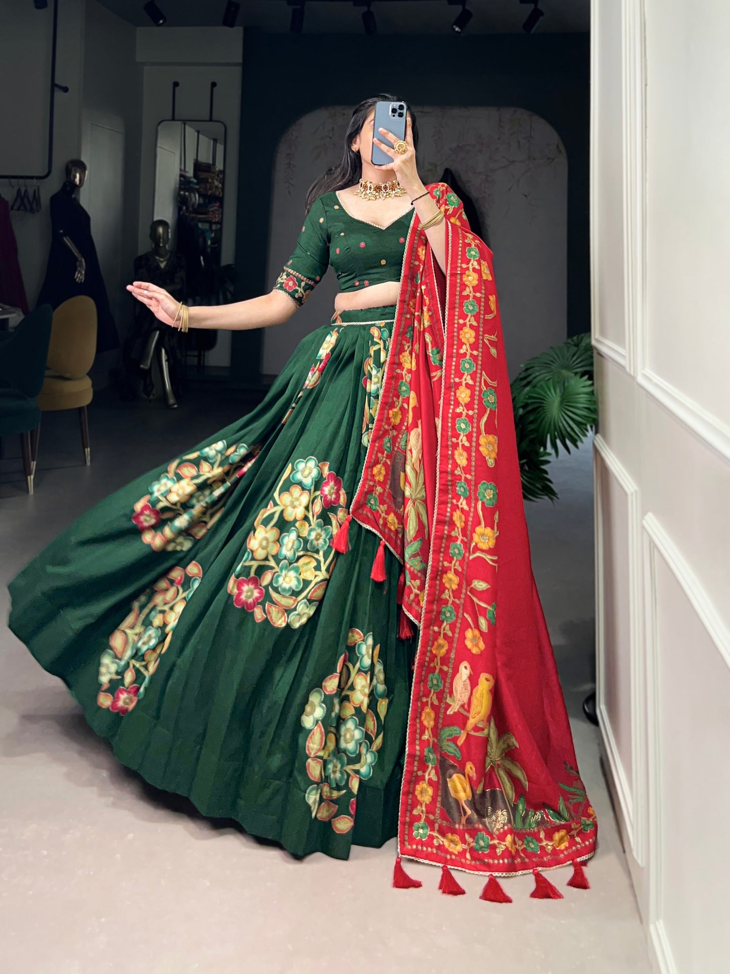 Green Tussar Silk Printed Lehenga Set with Foil Work and Gotta Patti Dupatta
