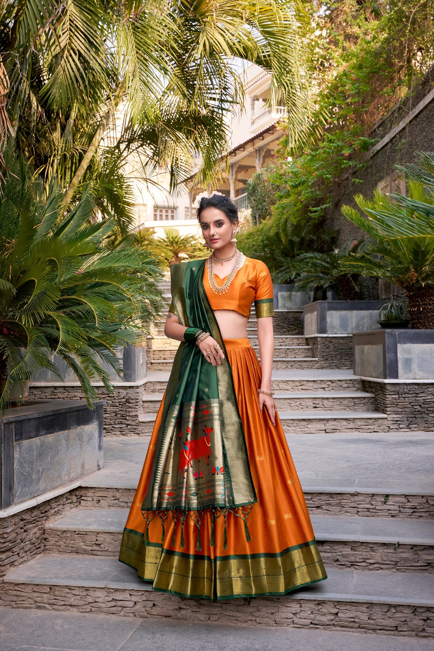 Orange Jacquard Silk Paithani Lehenga Set with Zari Weaving and Tassel Dupatta