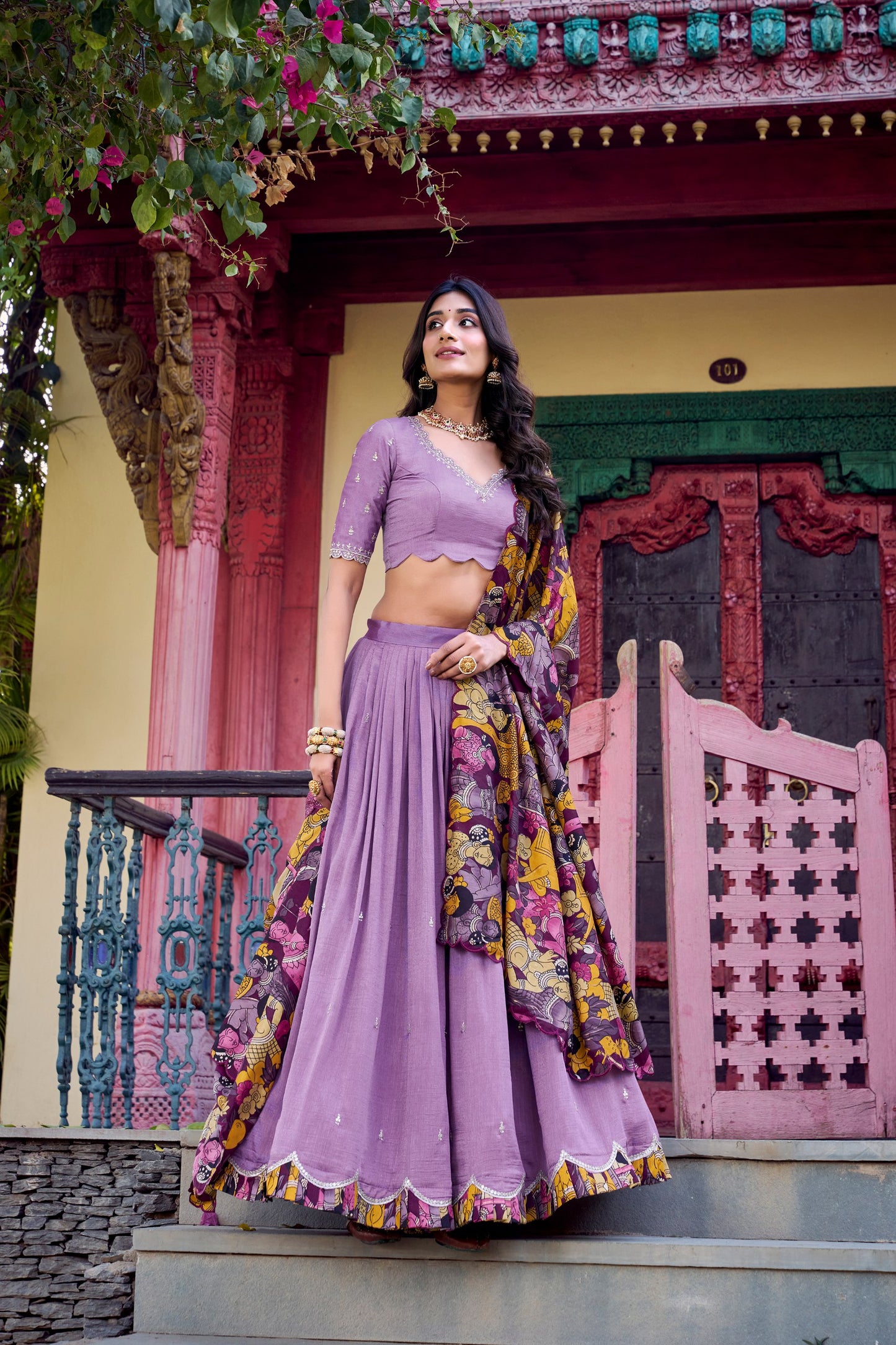 Lavender Vichitra Silk Lehenga Set with Kalamkari Print Border & Tussar Silk Dupatta