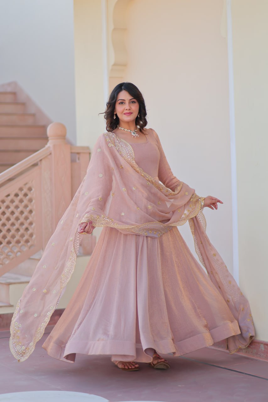 Peach Fendy Chiffon 12-Kali Anarkali Gown with Embroidered Cut-Work Dupatta