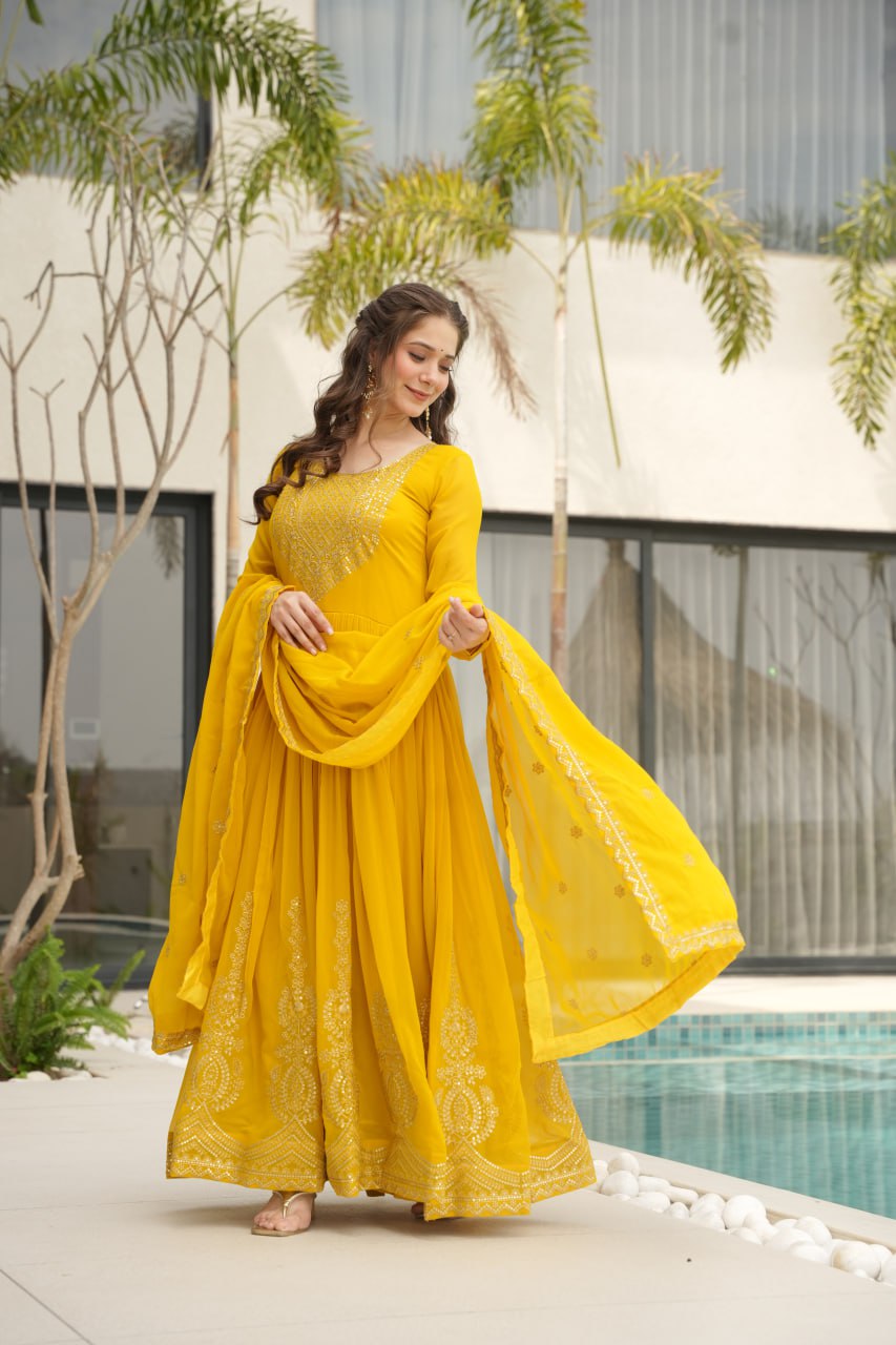 Yellow Fendy Chiffon 12-Kali Anarkali Gown with Embroidered Cut-Work Dupatta