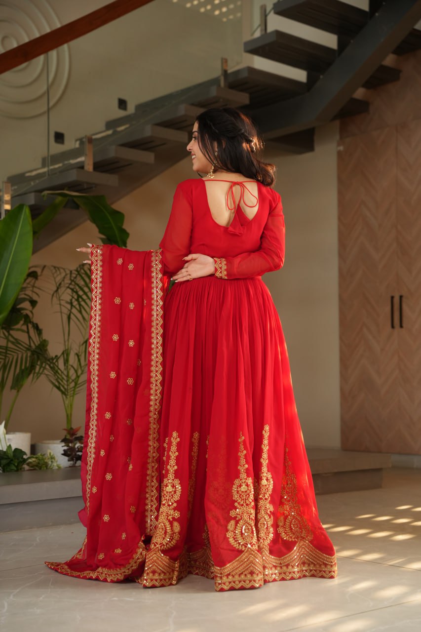 Red Fendy Chiffon 12-Kali Anarkali Gown with Embroidered Cut-Work Dupatta
