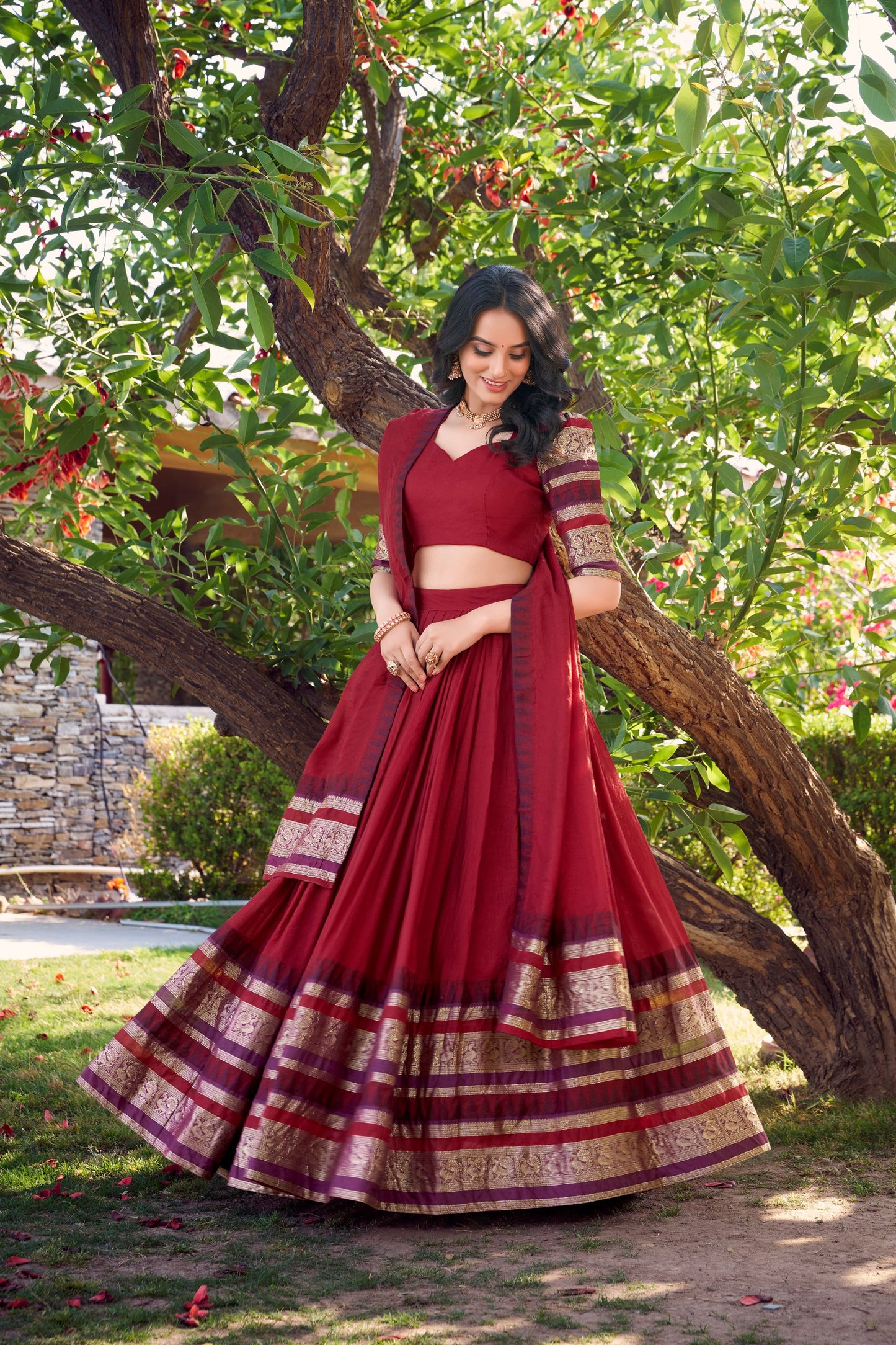 Pure Chanderi Red Lehenga with Zari Weaving Work Border & Dupatta