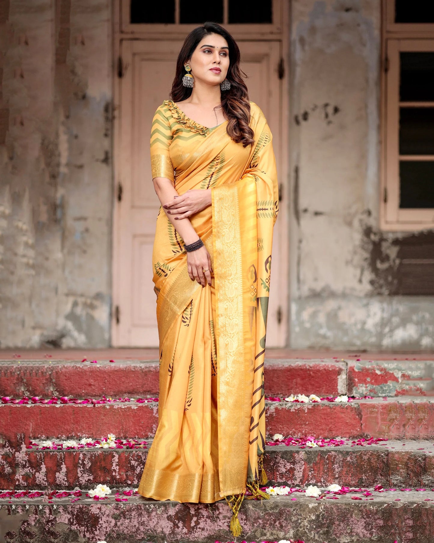 Pure Silk Digital Printed Yellow Saree with Brocade Blouse