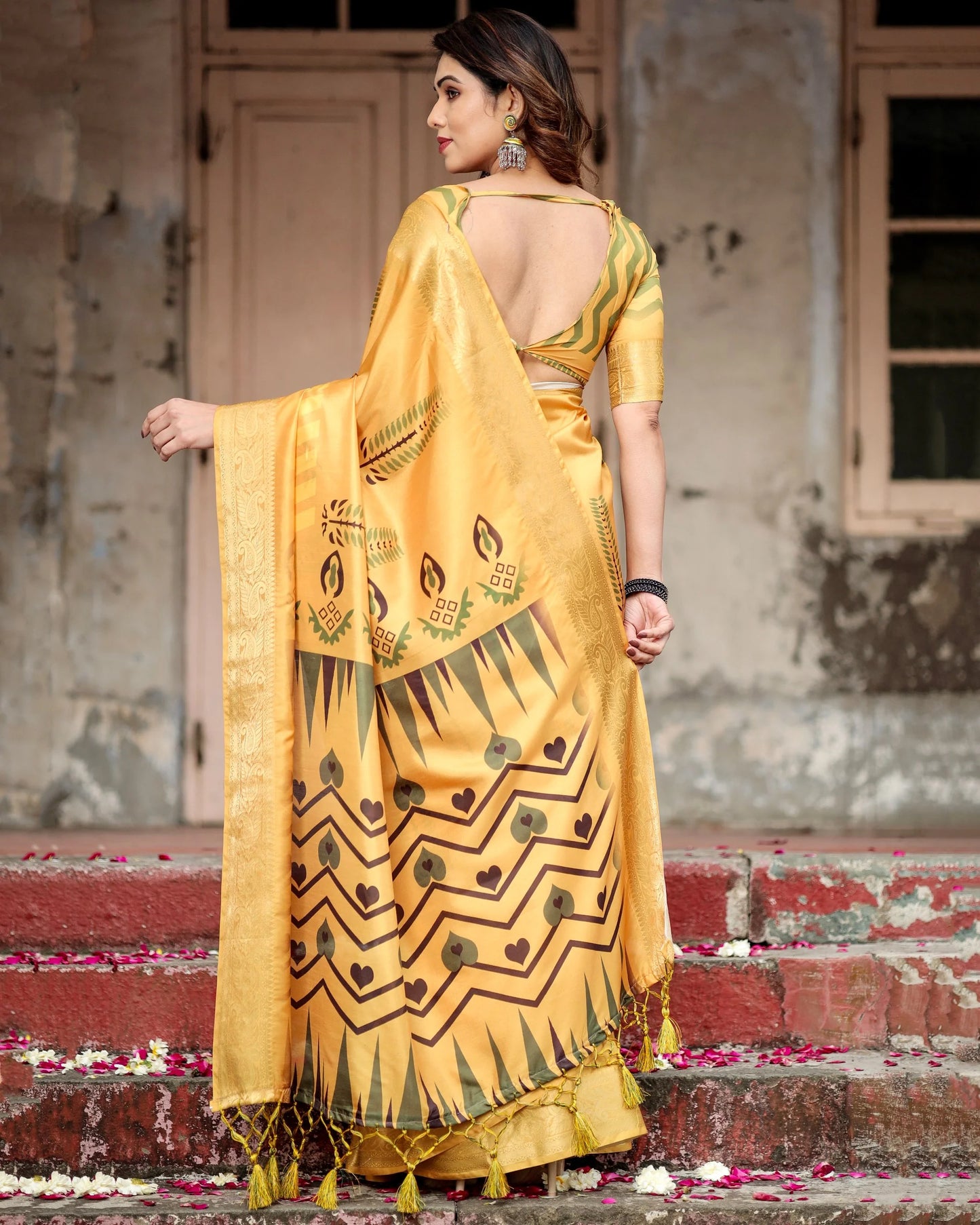 Pure Silk Digital Printed Yellow Saree with Brocade Blouse