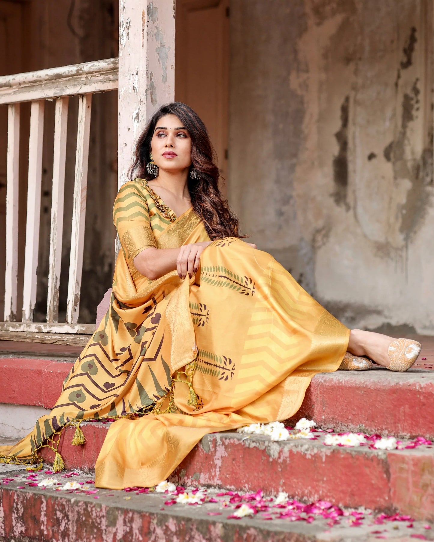 Pure Silk Digital Printed Yellow Saree with Brocade Blouse