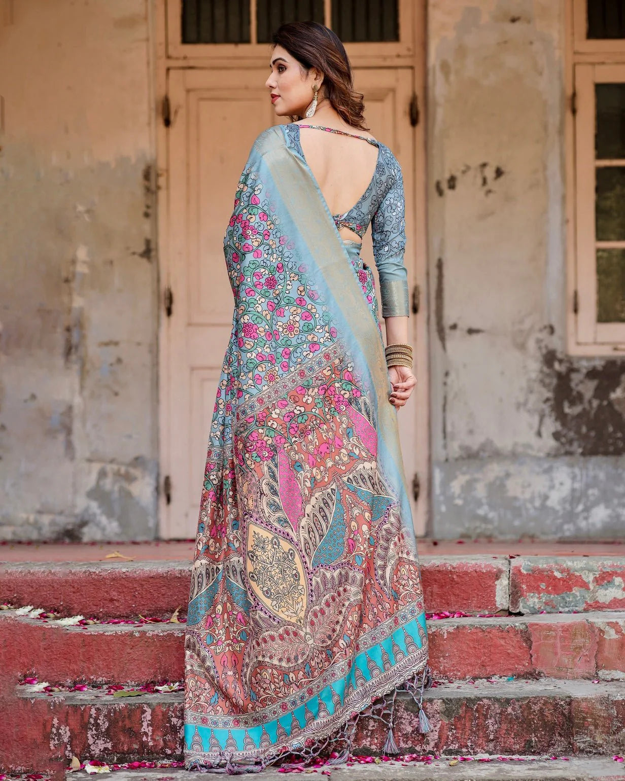 Sky Blue Tussar Silk Saree with Floral Weaves and Ornamental Pallu Design