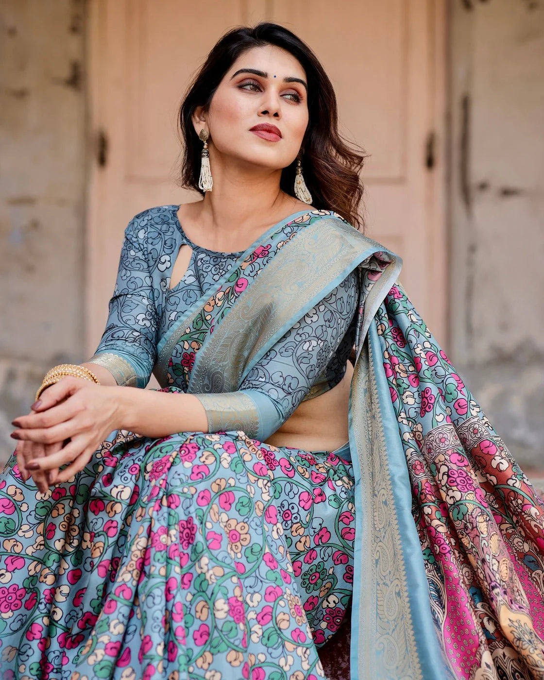 Sky Blue Tussar Silk Saree with Floral Weaves and Ornamental Pallu Design