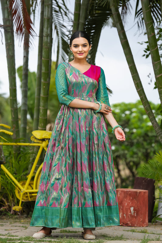 Green Ethnic Motifs Maxi Ethnic Dresses