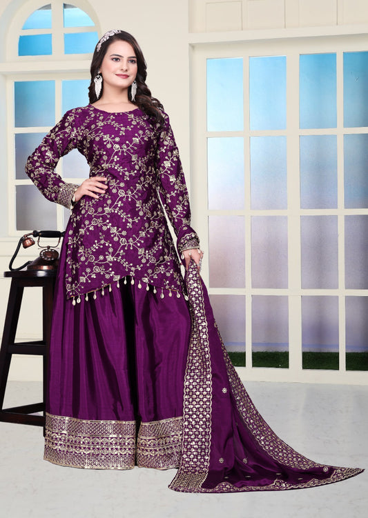 Chinon Sequence Embroidered Sharara Suit with Real Kodi Lace Border