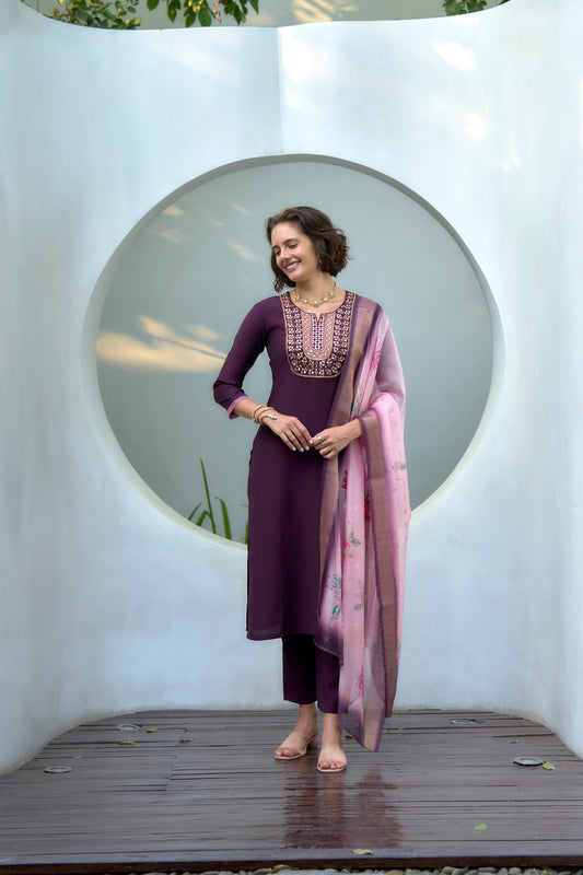 Purple Vatican Kurta Set with Embroidered Neckline & Organza Butti Dupatta