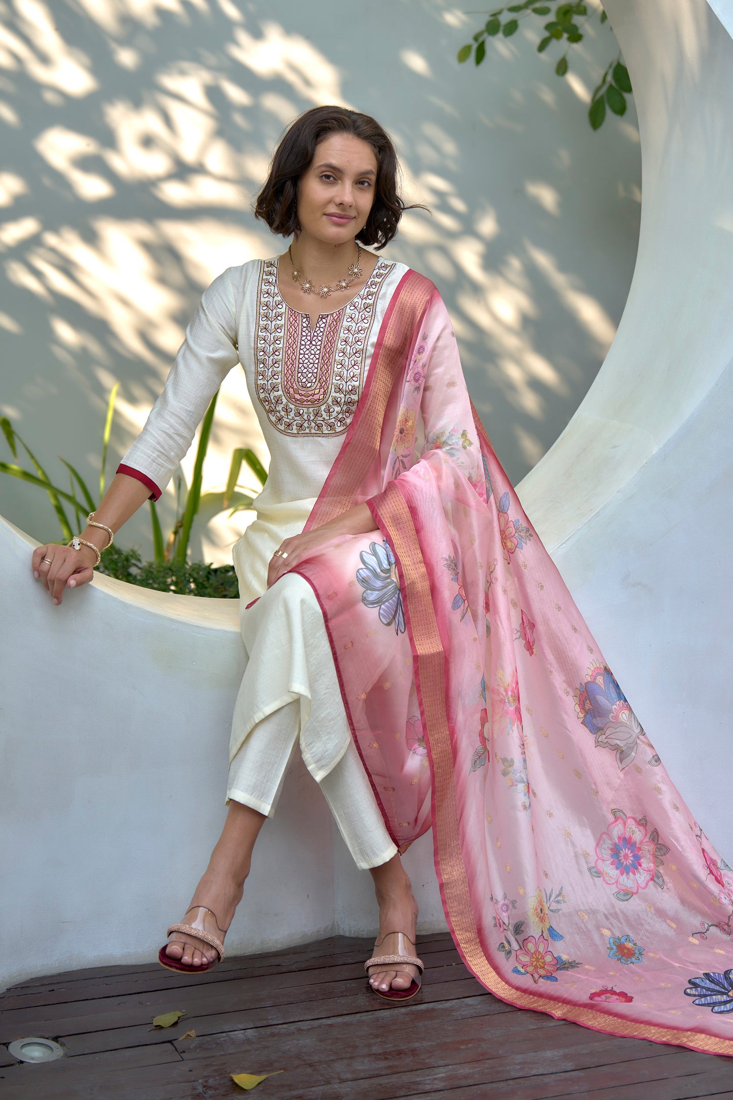 Off-White Vatican Kurta Set with Embroidered Neckline & Organza Butti Dupatta