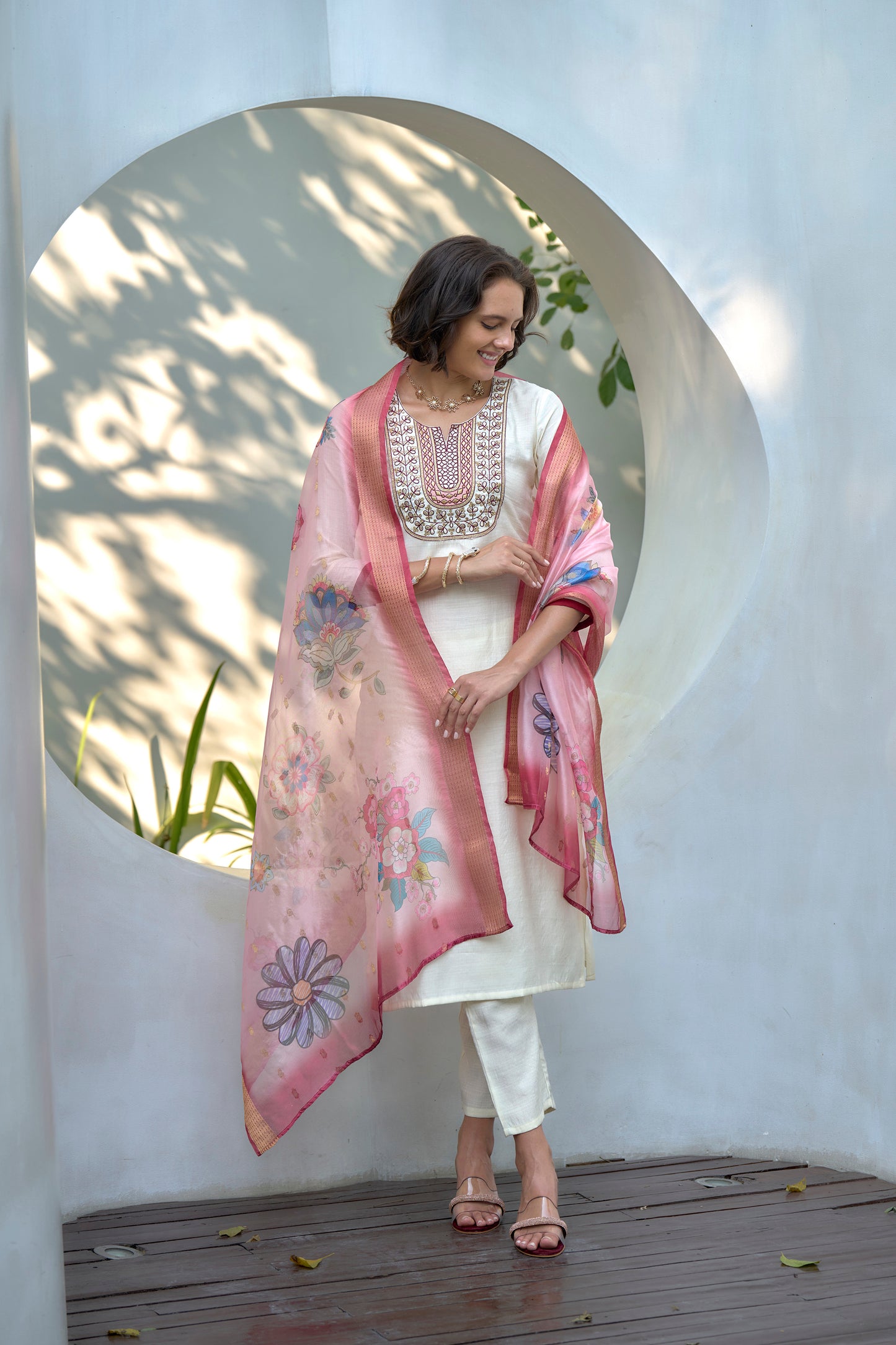 Off-White Vatican Kurta Set with Embroidered Neckline & Organza Butti Dupatta