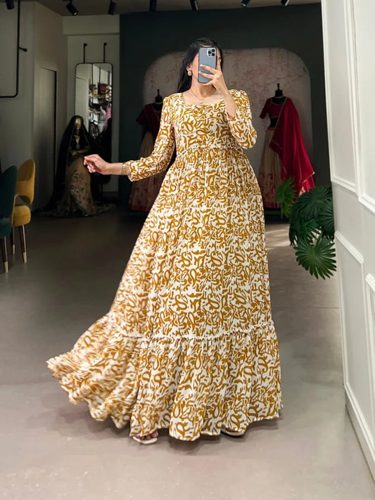 Mustard Color Stylish Party Wear Gown in Georgette With Digital Print